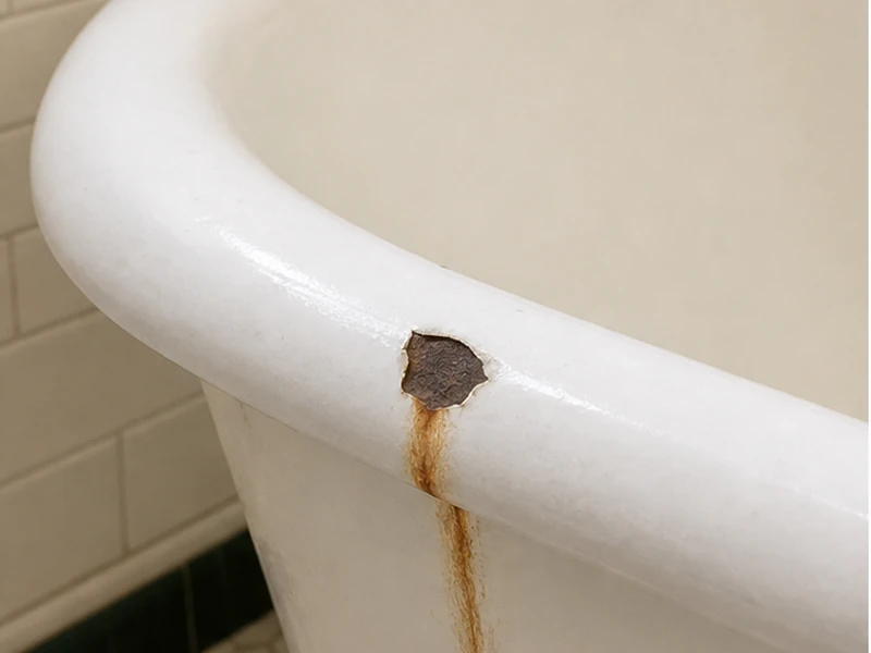 Chipped tub rim with a rust trail before repair in a Haight-Ashbury flat, San Francisco