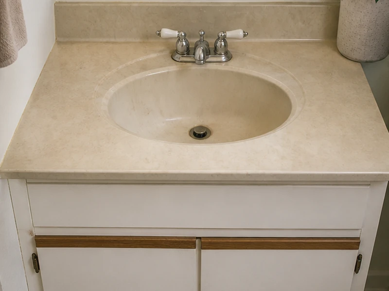 Dated almond cultured-marble vanity countertop with etching and yellowing before refinishing in a San Francisco bathroom