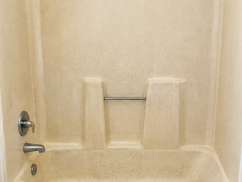 Yellowed crazed one-piece fiberglass tub-and-shower unit before refinishing in an Outer Sunset apartment, San Francisco