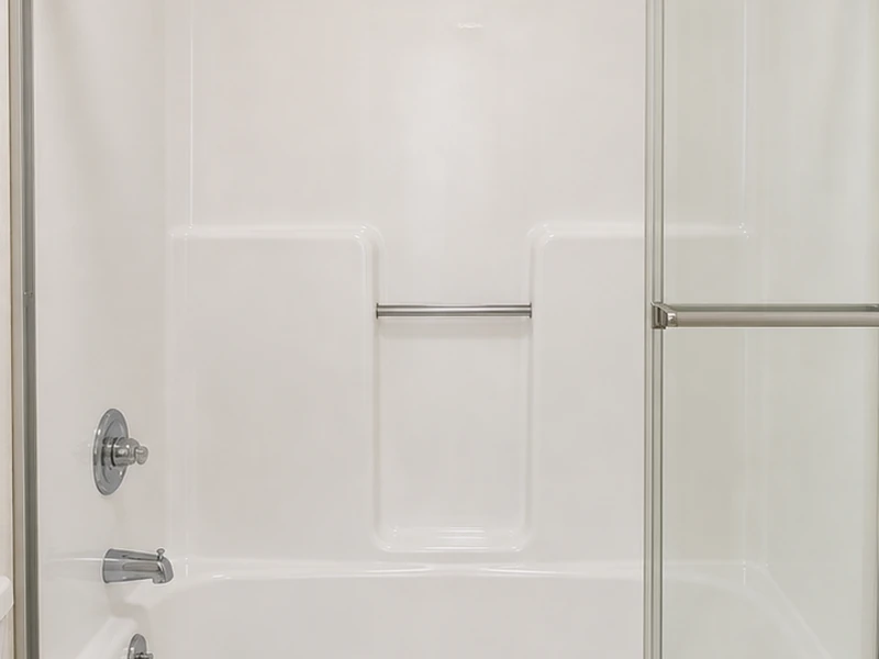 The same fiberglass shower unit after refinishing, clean bright white gelcoat, the Outer Sunset, San Francisco