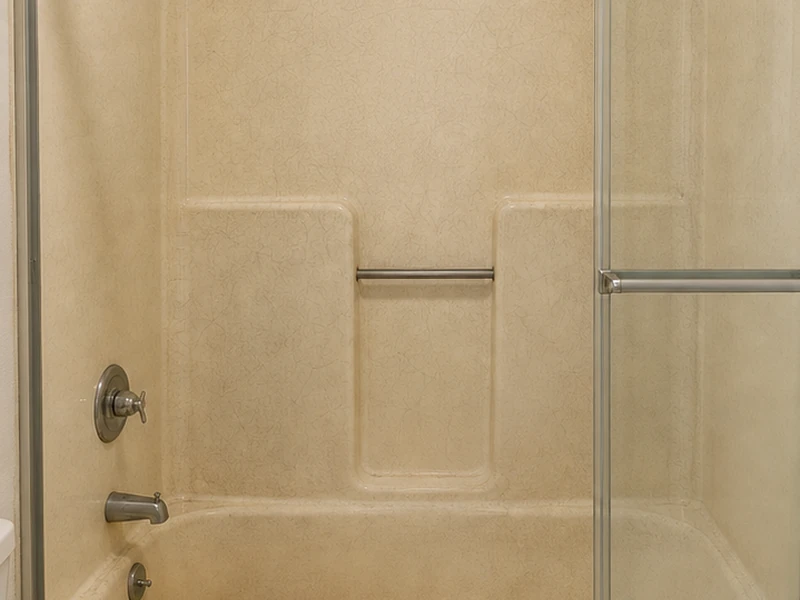 Yellowed crazed fiberglass tub-and-shower unit before refinishing in the Outer Sunset, San Francisco