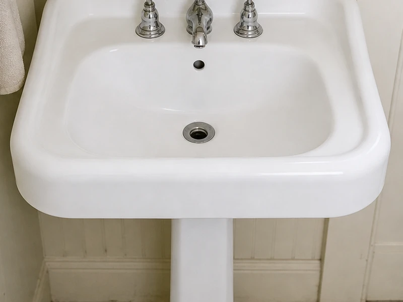 The same pedestal sink after reglazing, smooth glossy white porcelain, the Mission, San Francisco