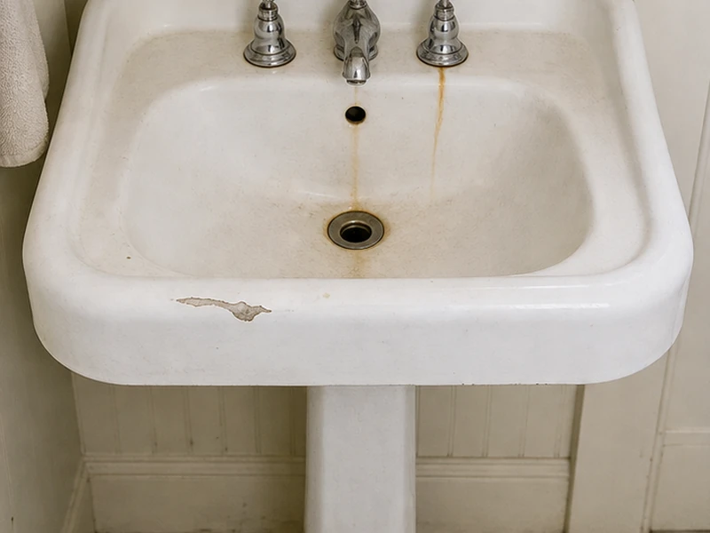 Chipped vintage porcelain pedestal sink with rust trail before reglazing in the Mission, San Francisco